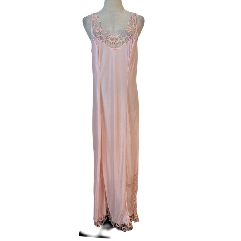 Vtg Pink‎ Lace Nightgown Maxi Slip Dress Floral Nylon Bridal Coquette Boudoir